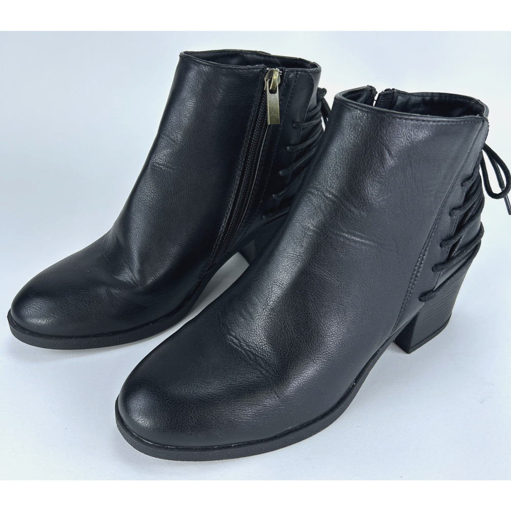 Bamboo Louie Women’s Black Ankle Boots Sz 8 Faux Leather Lace-Up Back Zip Chunky
